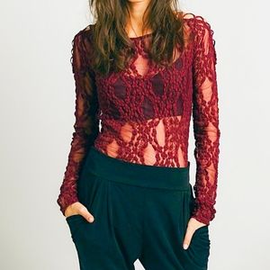**SOLD**N.W.T. FREE PEOPLE Burgundy Sheer Lace Top
